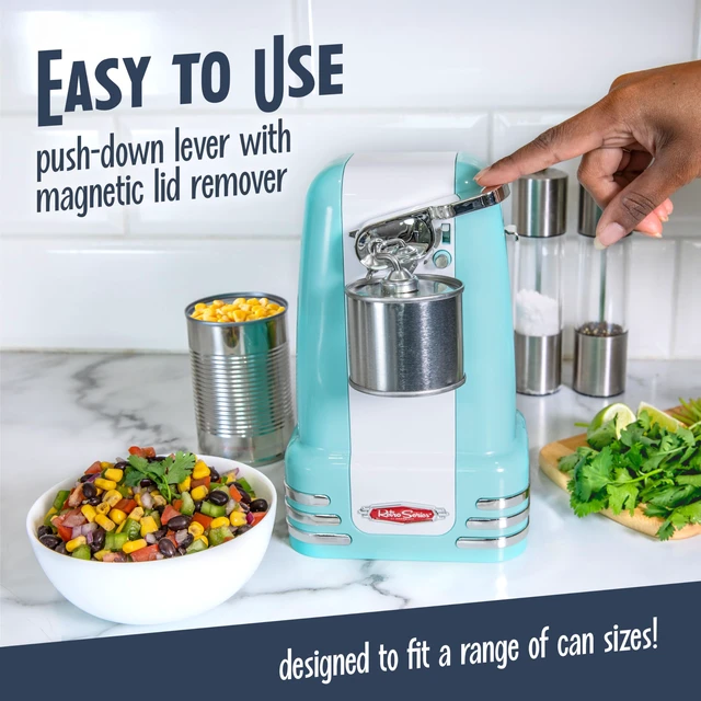Alt view image 3 of 7 - Retro Electric Can Opener for Kitchen with Magnetic Lid Remover, Knife Sharpener, and Soda or Beer Bottle Opener, Aqua