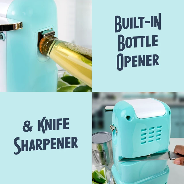 Alt view image 4 of 7 - Retro Electric Can Opener for Kitchen with Magnetic Lid Remover, Knife Sharpener, and Soda or Beer Bottle Opener, Aqua
