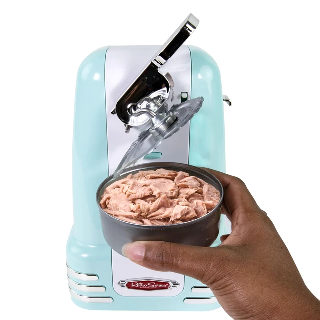 Alt view image 7 of 7 - Retro Electric Can Opener for Kitchen with Magnetic Lid Remover, Knife Sharpener, and Soda or Beer Bottle Opener, Aqua