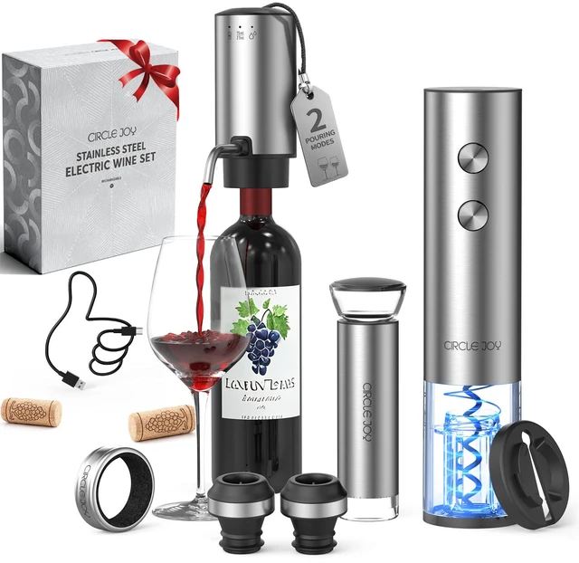 Main image of Rechargeable Electric Wine Opener Set 8-in-1 Stainless Steel Automatic Wine Bottle Opener Gift Set w/Electric Wine Aerator Pourer, Foil Cutter, Wine Drip Ring, Vacuum Pump & 2 Wine Stoppers