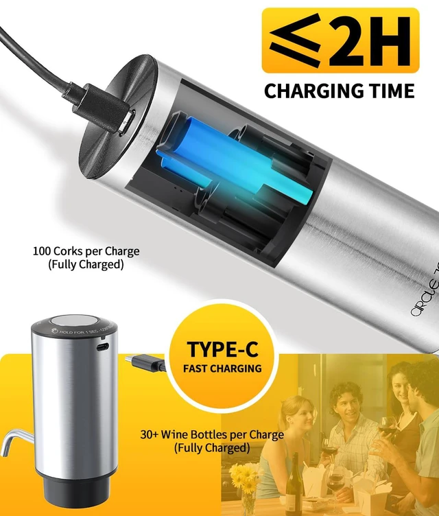 Alt view image 3 of 7 - Rechargeable Electric Wine Opener Set 8-in-1 Stainless Steel Automatic Wine Bottle Opener Gift Set w/Electric Wine Aerator Pourer, Foil Cutter, Wine Drip Ring, Vacuum Pump & 2 Wine Stoppers