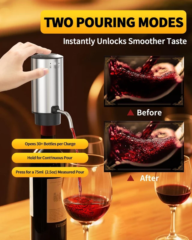 Alt view image 4 of 7 - Rechargeable Electric Wine Opener Set 8-in-1 Stainless Steel Automatic Wine Bottle Opener Gift Set w/Electric Wine Aerator Pourer, Foil Cutter, Wine Drip Ring, Vacuum Pump & 2 Wine Stoppers