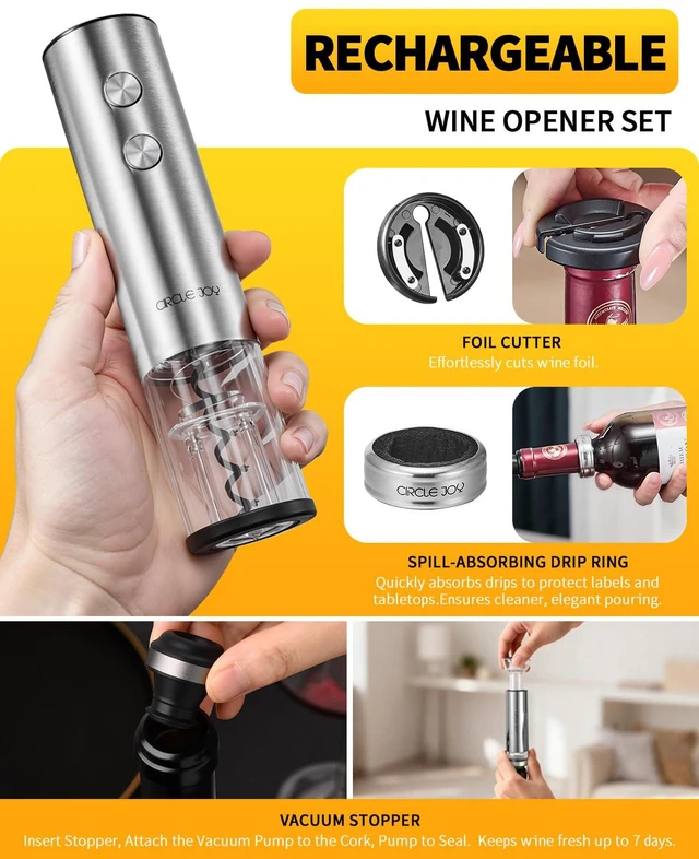Alt view image 5 of 7 - Rechargeable Electric Wine Opener Set 8-in-1 Stainless Steel Automatic Wine Bottle Opener Gift Set w/Electric Wine Aerator Pourer, Foil Cutter, Wine Drip Ring, Vacuum Pump & 2 Wine Stoppers