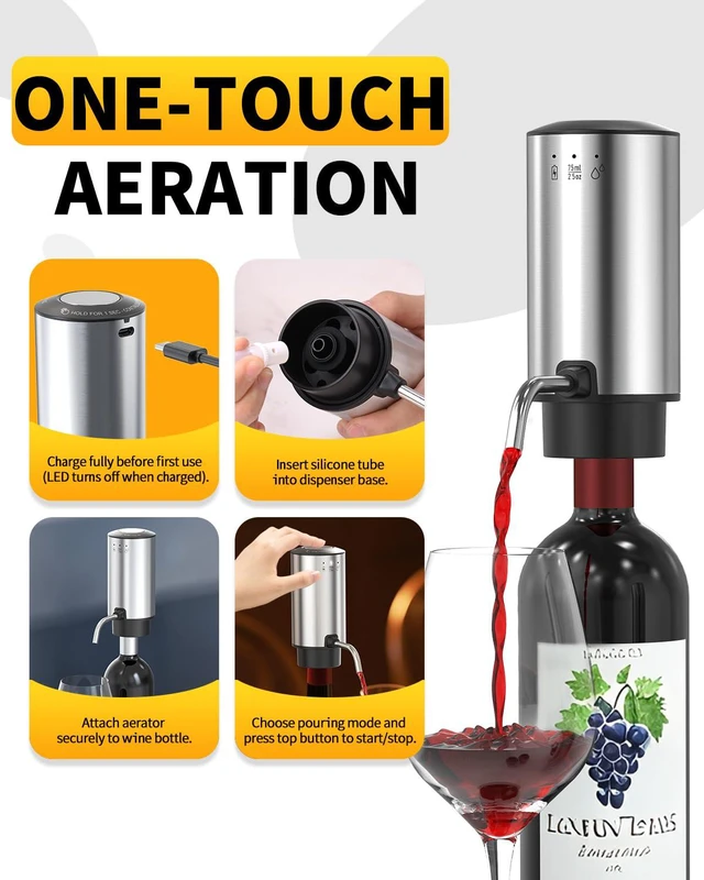 Alt view image 7 of 7 - Rechargeable Electric Wine Opener Set 8-in-1 Stainless Steel Automatic Wine Bottle Opener Gift Set w/Electric Wine Aerator Pourer, Foil Cutter, Wine Drip Ring, Vacuum Pump & 2 Wine Stoppers