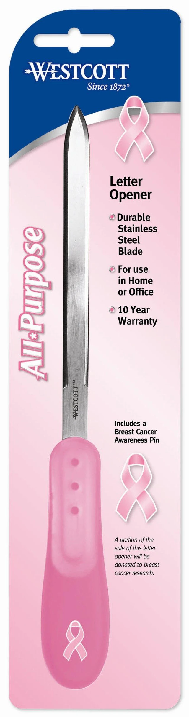Alt view image 2 of 2 - 9" Stainless Steel Letter Opener for Breast Cancer Awareness, Pink