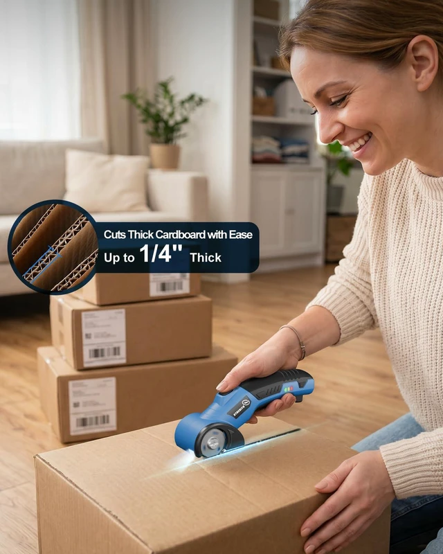 Alt view image 7 of 7 - Cordless Electric Scissors, 4V Electric Box Cutter for Cardboard | 2600mAh Battery, 320RPM Motor, Safety Lock & LED Light, Cardboard Cutter with 2 Blades for Fabric, Leather, Carpet, Plastic