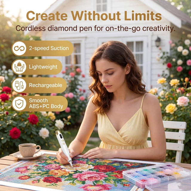 Alt view image 3 of 7 - Electric Diamond Painting Pen with Light, Diamond Art Kits for Adults | Upgraded LED Light, Cordless & Rechargeable, 2 Adjustable Suction Levels, No Wax Needed, Low Noise (White)