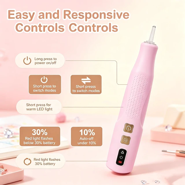 Alt view image 5 of 6 - Electric Diamond Painting Pen with Light, Cordless Rechargeable, Pink | 2 Suction Levels, No Wax Needed, Ergonomic Grip, Low Noise, For Adults