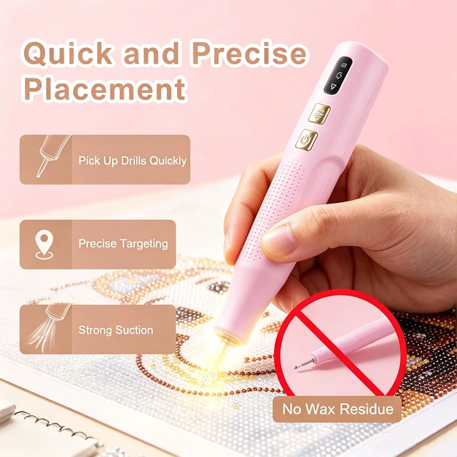 Alt view image 2 of 6 - Electric Diamond Painting Pen with Light, Cordless Rechargeable, Pink | 2 Suction Levels, No Wax Needed, Ergonomic Grip, Low Noise, For Adults