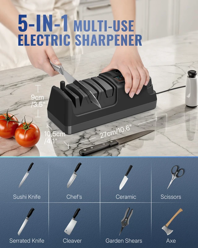 Alt view image 2 of 7 - Electric Knife Sharpener, 5-in-1, 3 Rotational Speed Adjustable Electric Knife Sharpener for Straight/Serrated/Ceramic Knives, Scissors, Chef Knives, Axes,Black B01KS06