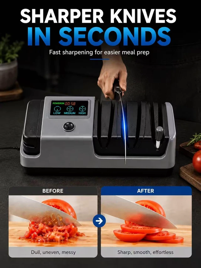 Alt view image 2 of 7 - Electric Knife Sharpener for Knives, Scissors, Axes, 5-in-1 Multi-Function Sharpener with Adjustable Speed, 3-Stage Diamond Grinding, Ceramic Polishing Rod, LCD Display