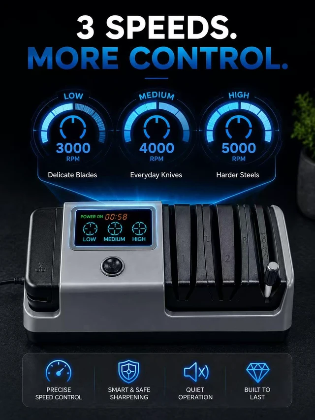 Alt view image 3 of 7 - Electric Knife Sharpener for Knives, Scissors, Axes, 5-in-1 Multi-Function Sharpener with Adjustable Speed, 3-Stage Diamond Grinding, Ceramic Polishing Rod, LCD Display