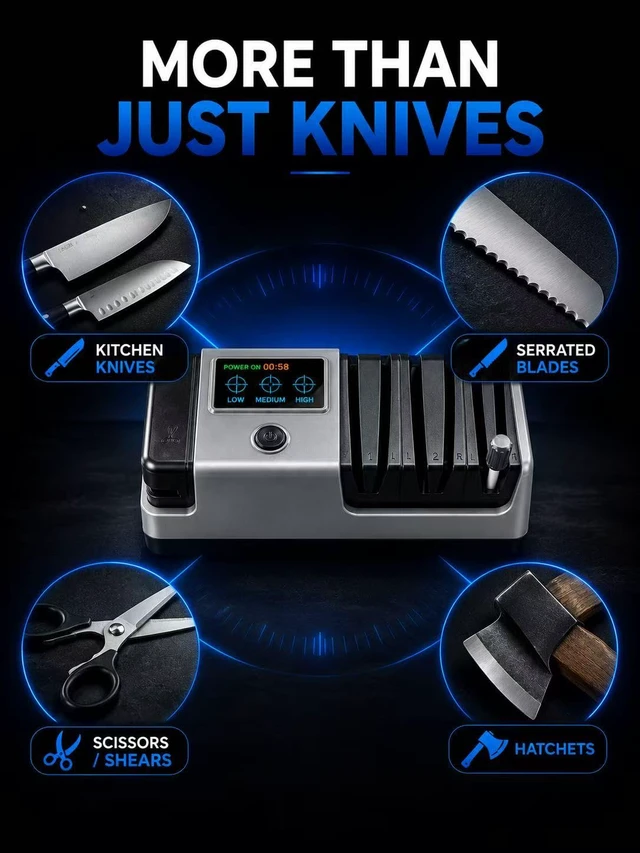 Alt view image 4 of 7 - Electric Knife Sharpener for Knives, Scissors, Axes, 5-in-1 Multi-Function Sharpener with Adjustable Speed, 3-Stage Diamond Grinding, Ceramic Polishing Rod, LCD Display
