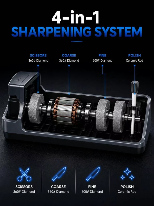 Alt view image 5 of 7 - Electric Knife Sharpener for Knives, Scissors, Axes, 5-in-1 Multi-Function Sharpener with Adjustable Speed, 3-Stage Diamond Grinding, Ceramic Polishing Rod, LCD Display