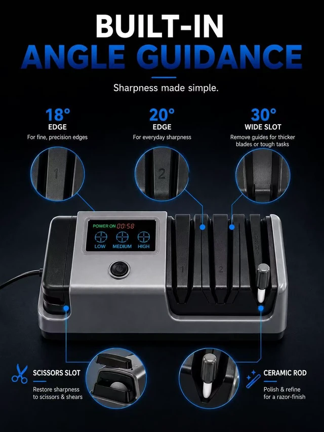 Alt view image 7 of 7 - Electric Knife Sharpener for Knives, Scissors, Axes, 5-in-1 Multi-Function Sharpener with Adjustable Speed, 3-Stage Diamond Grinding, Ceramic Polishing Rod, LCD Display