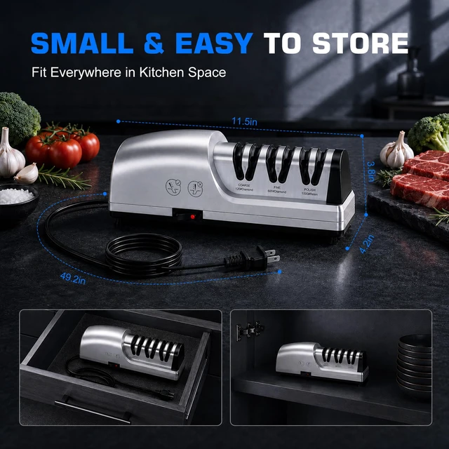 Alt view image 2 of 7 - Electric Knife Sharpener for Kitchen, Detachable Head, 3 Stage | 3-Stage Kitchen Knife Sharpener, 100% Diamond Abrasives, 15°Precision Angle Guides, Fast Sharpening Repair & Polish