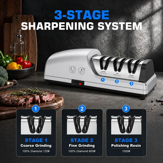 Alt view image 5 of 7 - Electric Knife Sharpener for Kitchen, Detachable Head, 3 Stage | 3-Stage Kitchen Knife Sharpener, 100% Diamond Abrasives, 15°Precision Angle Guides, Fast Sharpening Repair & Polish