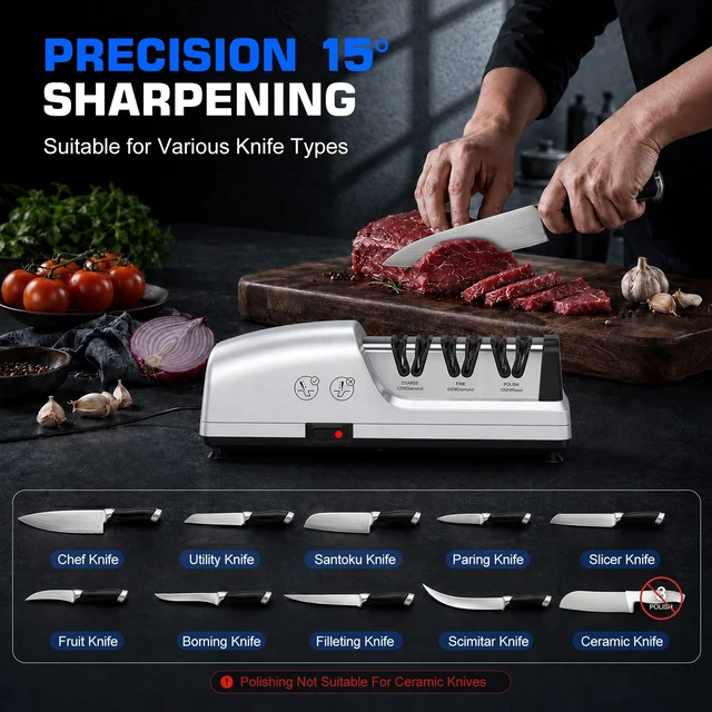 Alt view image 6 of 7 - Electric Knife Sharpener for Kitchen, Detachable Head, 3 Stage | 3-Stage Kitchen Knife Sharpener, 100% Diamond Abrasives, 15°Precision Angle Guides, Fast Sharpening Repair & Polish