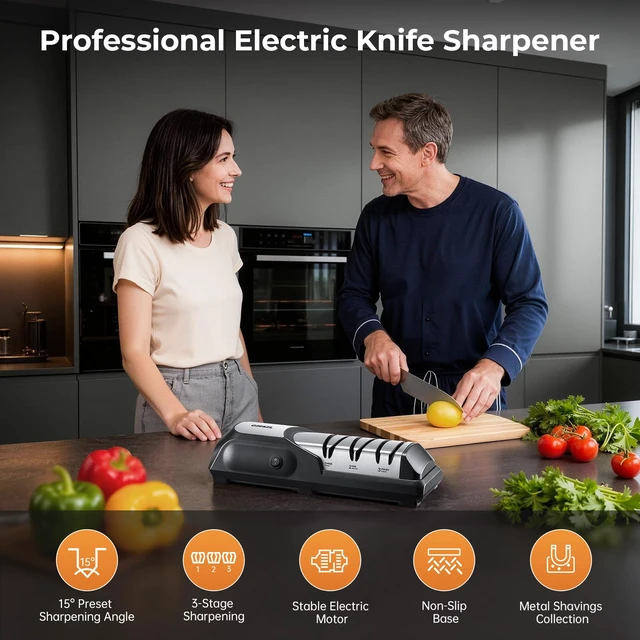 Alt view image 2 of 7 - Kitchen Professional Electric Knife Sharpener: 3-Stage 100% Diamond Abrasives Knife Sharpeners with 15° Precision Angle Electric Steel Sharpening Tool to Restore/Polish Chef Knives