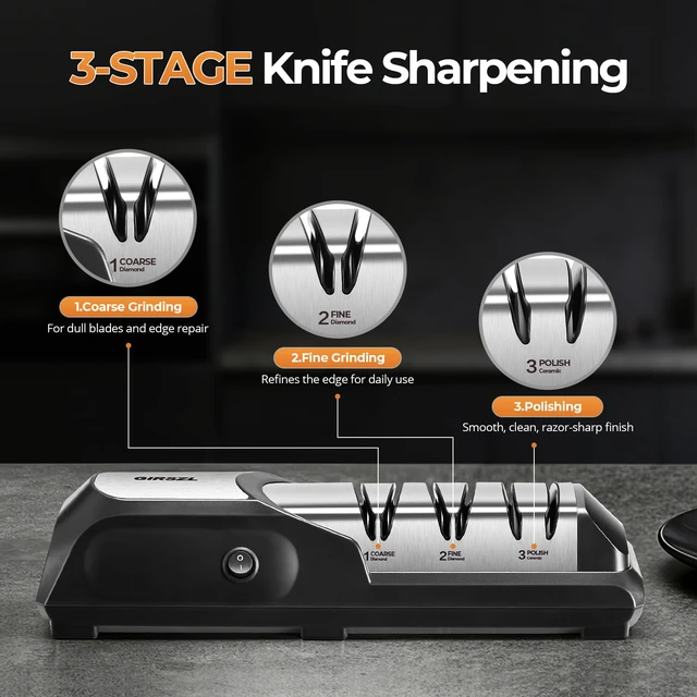 Alt view image 4 of 7 - Kitchen Professional Electric Knife Sharpener: 3-Stage 100% Diamond Abrasives Knife Sharpeners with 15° Precision Angle Electric Steel Sharpening Tool to Restore/Polish Chef Knives