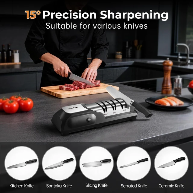 Alt view image 6 of 7 - Kitchen Professional Electric Knife Sharpener: 3-Stage 100% Diamond Abrasives Knife Sharpeners with 15° Precision Angle Electric Steel Sharpening Tool to Restore/Polish Chef Knives