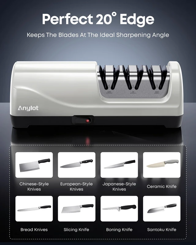 Alt view image 3 of 7 - Kitchen Electric Knife Sharpener, 3-Stage 100% Diamond 20° Angle Guide | Knife Sharpener Electric Fast & Safe Sharpening for Kitchen Knives, Home Use & Beginners (White)