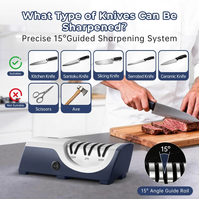 Alt view image 3 of 7 - Kitchen Professional Electric Knife Sharpener: 3-Stage 100% Diamond Knife Sharpeners - 15° Precision Electric Sharpening Tool to Restore & Polish Chef Knives | Gift Choice for Chefs & Dads