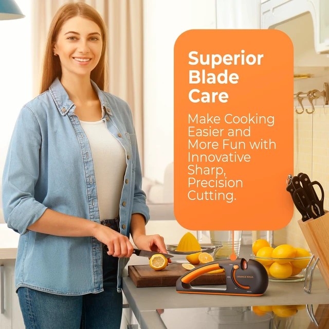 Alt view image 6 of 6 - Orange Ninja Serrated & Kitchen Knife Sharpener 4-Stage Sharpening Tool | Repairs, Sharpens & Polishes Straight & Serrated Blades Ergonomic Non-Slip Grip, Works for Left & Right Handed Cooks