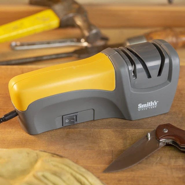 Alt view image 2 of 6 - 50005 Edge Pro Compact Electric Knife Sharpener - Yellow & Grey - Straight Edge 2 Stage Sharpener - Electric & Manual Sharpening - Blade Guide - Outdoor & Kitchen - Pocket & Filet Knives