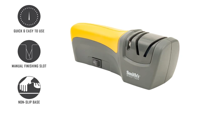 Alt view image 3 of 6 - 50005 Edge Pro Compact Electric Knife Sharpener - Yellow & Grey - Straight Edge 2 Stage Sharpener - Electric & Manual Sharpening - Blade Guide - Outdoor & Kitchen - Pocket & Filet Knives