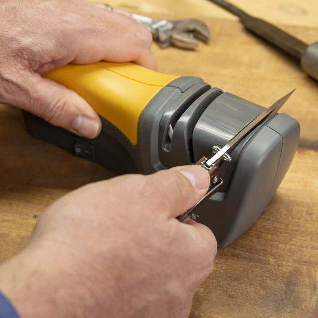 Alt view image 5 of 6 - 50005 Edge Pro Compact Electric Knife Sharpener - Yellow & Grey - Straight Edge 2 Stage Sharpener - Electric & Manual Sharpening - Blade Guide - Outdoor & Kitchen - Pocket & Filet Knives