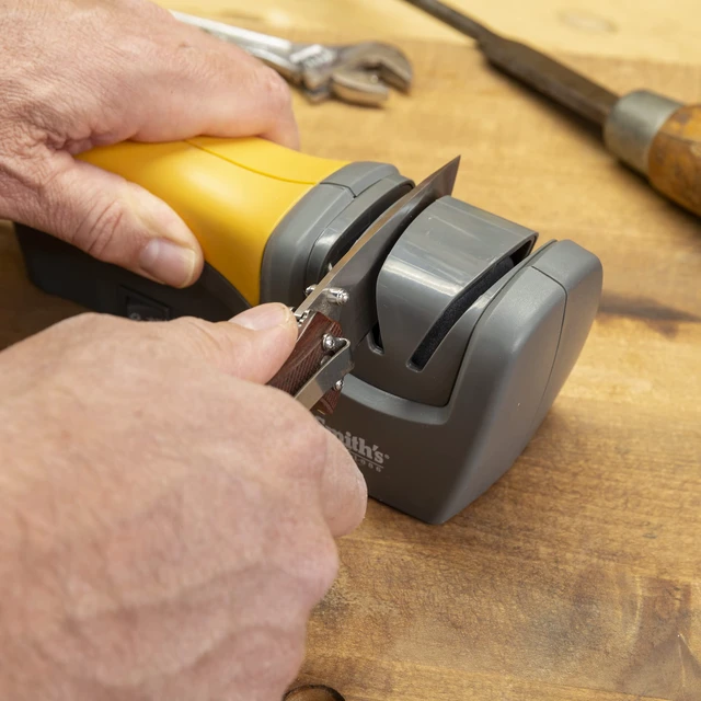Alt view image 4 of 6 - 50005 Edge Pro Compact Electric Knife Sharpener - Yellow & Grey - Straight Edge 2 Stage Sharpener - Electric & Manual Sharpening - Blade Guide - Outdoor & Kitchen - Pocket & Filet Knives