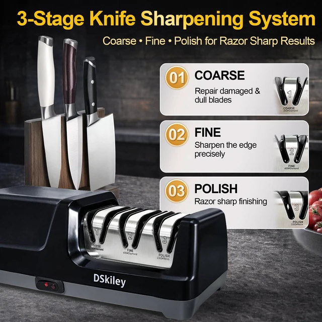 Alt view image 3 of 7 - Electric Knife Sharpener for Kitchen,Sharpening, Restore&Polish Chef Knives 3-Stage Kitchen Knife Sharpener, 100% Diamond Wheels with 20° Precision Angle for Consistent Results, effortless kitchen use
