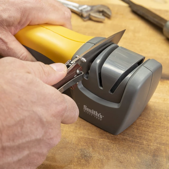 Alt view image 6 of 6 - 50005 Edge Pro Compact Electric Knife Sharpener - Yellow & Grey - Straight Edge 2 Stage Sharpener - Electric & Manual Sharpening - Blade Guide - Outdoor & Kitchen - Pocket & Filet Knives
