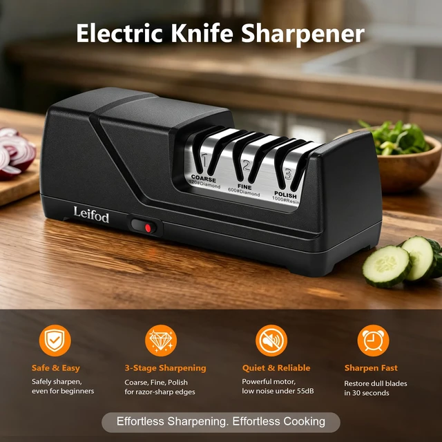 Alt view image 2 of 7 - Electric Knife Sharpener for Kitchen, 3-Stage System with 15° Guide | 30s Fast Auto Sharpening, 100% Diamond Abrasive, Safe 15° Guide for Straight Edge Knives, Ideal for Beginners & Chefs