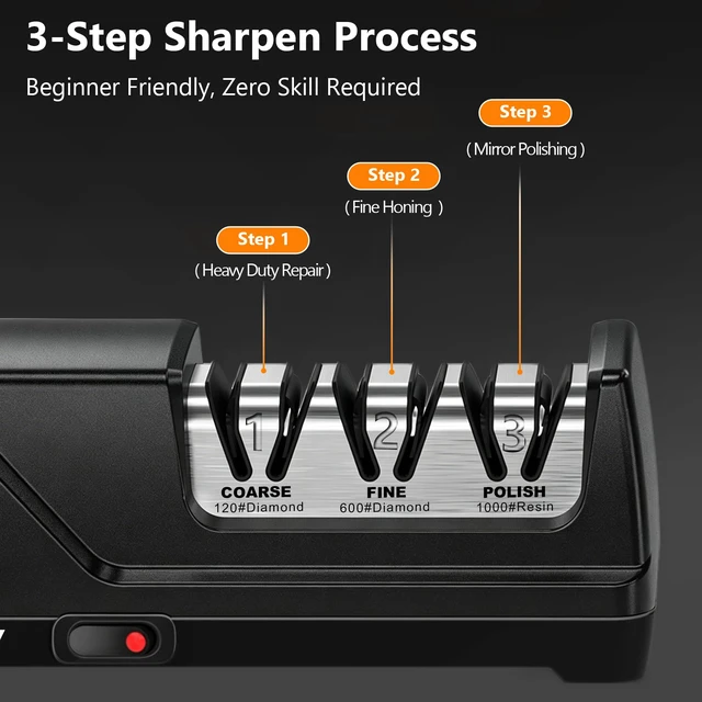 Alt view image 3 of 7 - Electric Knife Sharpener for Kitchen, 3-Stage System with 15° Guide | 30s Fast Auto Sharpening, 100% Diamond Abrasive, Safe 15° Guide for Straight Edge Knives, Ideal for Beginners & Chefs