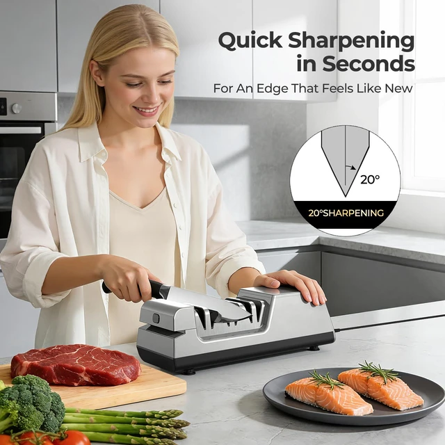 Alt view image 2 of 7 - Knife Sharpener, 3-Stage Diamond Electric Knife Sharpener for Stainless Steel & Ceramic Kitchen Knives, 40 Seconds Quick Repairing & Polishing, Open Design Port for Scissors Sharpening