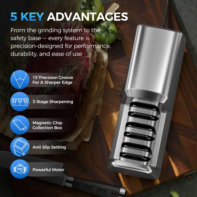 Alt view image 2 of 7 - Electric Knife Sharpener for Kitchen Knives, 3-Stage, Fast, Repair, Polish | 3-Stage Kitchen Knife Sharpener - 15°Precision Angle Guide Knife Sharpeners - Stainless Steel Grinding Head