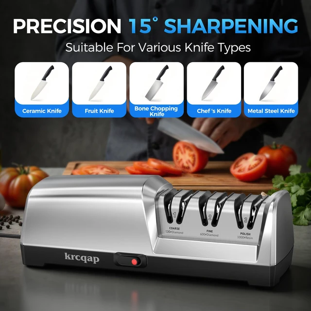 Alt view image 4 of 7 - Electric Knife Sharpener for Kitchen Knives, 3-Stage, Fast, Repair, Polish | 3-Stage Kitchen Knife Sharpener - 15°Precision Angle Guide Knife Sharpeners - Stainless Steel Grinding Head