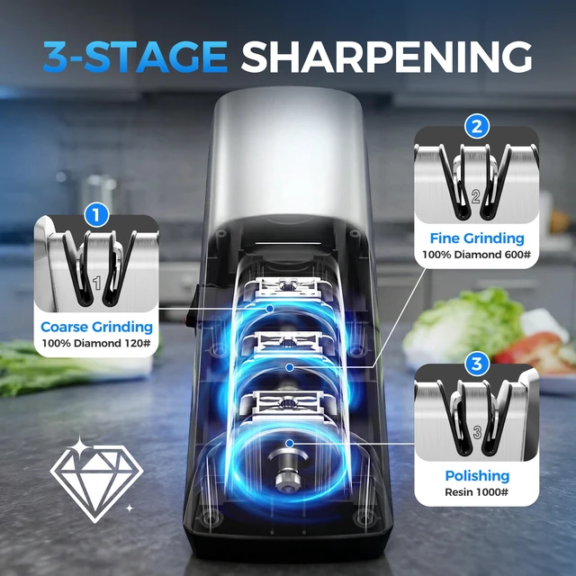 Alt view image 3 of 7 - Electric Knife Sharpener for Kitchen Knives, 3-Stage, Fast, Repair, Polish | 3-Stage Kitchen Knife Sharpener - 15°Precision Angle Guide Knife Sharpeners - Stainless Steel Grinding Head