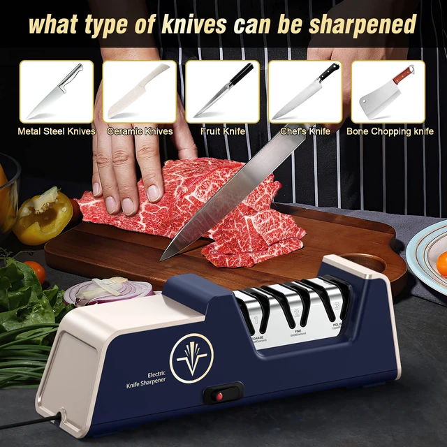 Alt view image 2 of 7 - Professional Electric Knife Sharpener 3-Stage, Noble Blue & Noble Gold | 100% Diamond Abrasives, Precision Angle Guides, Kitchen Straight Edge & Ceramic Knife