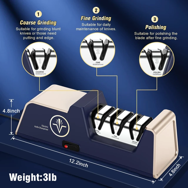 Alt view image 5 of 7 - Professional Electric Knife Sharpener 3-Stage, Noble Blue & Noble Gold | 100% Diamond Abrasives, Precision Angle Guides, Kitchen Straight Edge & Ceramic Knife