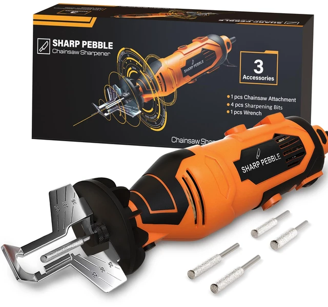 Main image of Electric Chainsaw Sharpener Kit Chain Saw Sharpening Tool | 4 File Size Grinding Wheel Bits, Angle Guide Attachment, Wrench & eBook Sharpens Every Tooth Evenly, Better Than a File