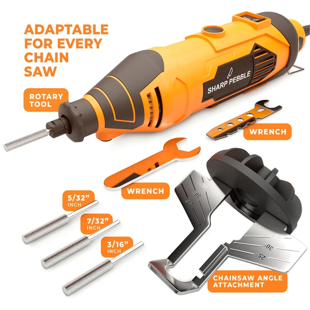 Alt view image 2 of 7 - Electric Chainsaw Sharpener Kit Chain Saw Sharpening Tool | 4 File Size Grinding Wheel Bits, Angle Guide Attachment, Wrench & eBook Sharpens Every Tooth Evenly, Better Than a File