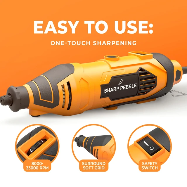 Alt view image 3 of 7 - Electric Chainsaw Sharpener Kit Chain Saw Sharpening Tool | 4 File Size Grinding Wheel Bits, Angle Guide Attachment, Wrench & eBook Sharpens Every Tooth Evenly, Better Than a File