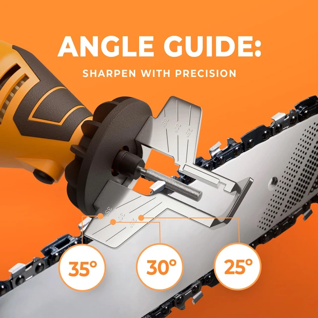 Alt view image 4 of 7 - Electric Chainsaw Sharpener Kit Chain Saw Sharpening Tool | 4 File Size Grinding Wheel Bits, Angle Guide Attachment, Wrench & eBook Sharpens Every Tooth Evenly, Better Than a File