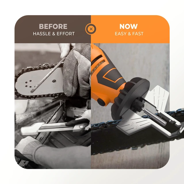 Alt view image 5 of 7 - Electric Chainsaw Sharpener Kit Chain Saw Sharpening Tool | 4 File Size Grinding Wheel Bits, Angle Guide Attachment, Wrench & eBook Sharpens Every Tooth Evenly, Better Than a File
