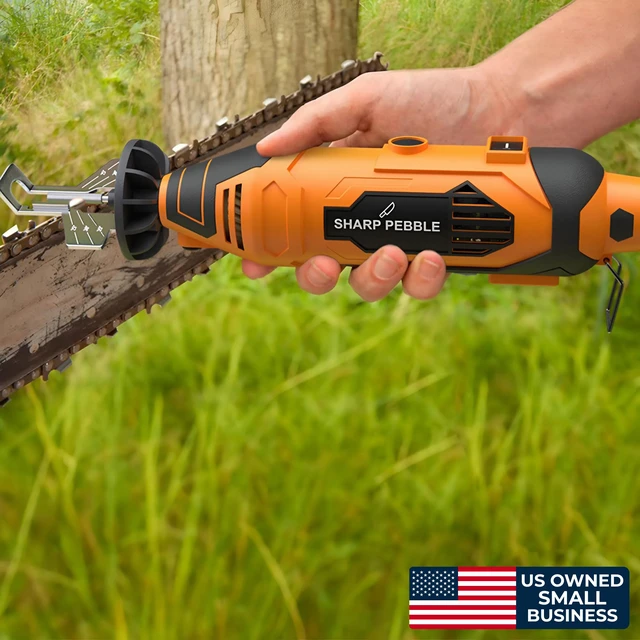 Alt view image 7 of 7 - Electric Chainsaw Sharpener Kit Chain Saw Sharpening Tool | 4 File Size Grinding Wheel Bits, Angle Guide Attachment, Wrench & eBook Sharpens Every Tooth Evenly, Better Than a File