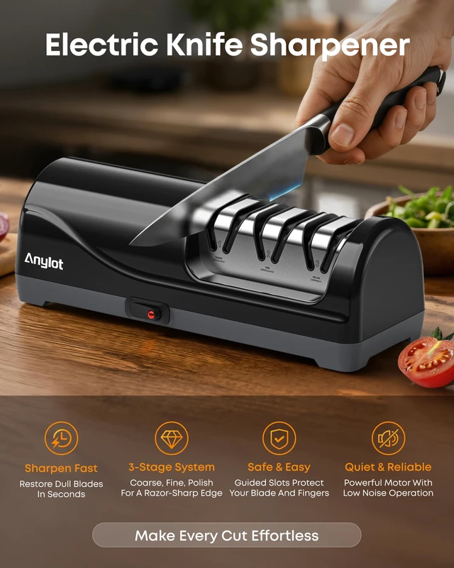 Alt view image 2 of 7 - Electric Knife Sharpener for Kitchen, 3-Stage, 100% Diamond, Fast, Repair | Professional Knife Sharpener Electric 20° Precision Angle Guide, Safe Sharpening for Chef Knives, Home Use & Beginners