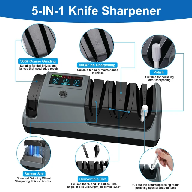 Alt view image 2 of 6 - 5-in-1 Electric Knife Sharpener for Kitchen Knives, 3-Stage Sharpener with 100% Diamond Abrasive, LCD Screen, Speed Adjustable, Knife Sharpener for All Kitchen Knives Quick Sharpening, Scissors